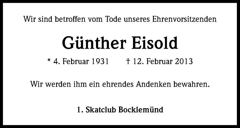  Traueranzeige für Günther Eisold vom 09.03.2013 aus Kölner Stadt-Anzeiger / Kölnische Rundschau / Express