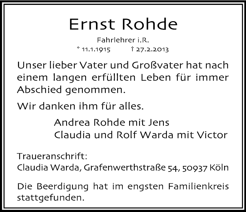  Traueranzeige für Ernst Rohde vom 09.03.2013 aus Kölner Stadt-Anzeiger / Kölnische Rundschau / Express