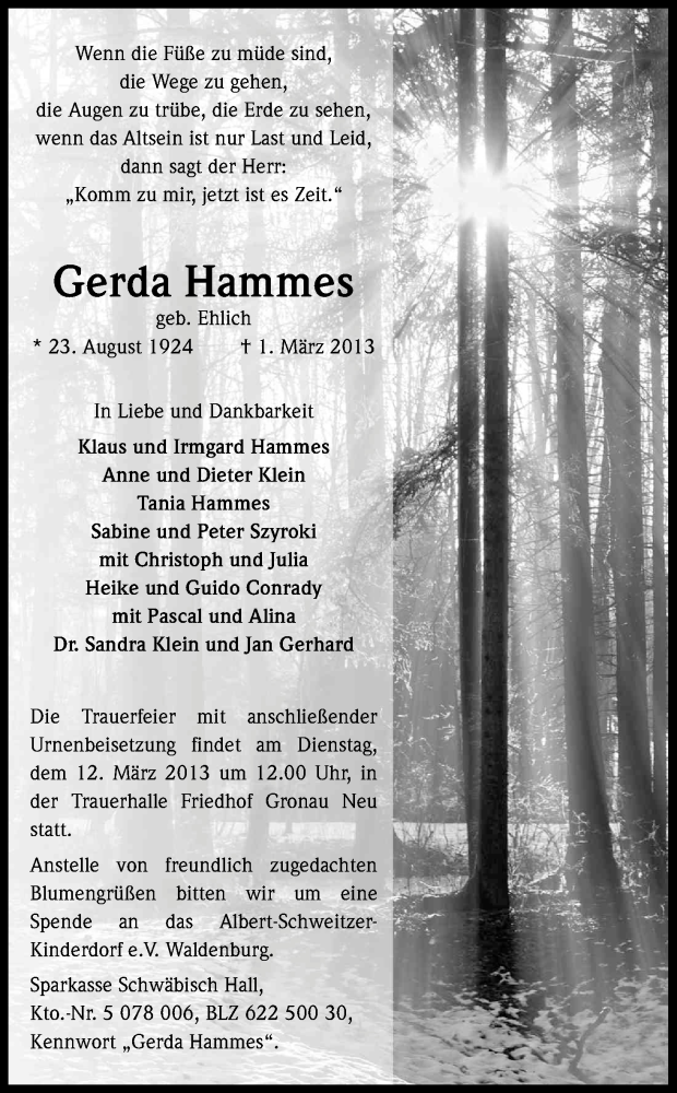  Traueranzeige für Gerda Hammes vom 07.03.2013 aus Kölner Stadt-Anzeiger / Kölnische Rundschau / Express