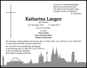 Anzeige von Katharina Langen von Kölner Stadt-Anzeiger / Kölnische Rundschau / Express