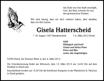 Anzeige von Gisela Hatterscheid von Kölner Stadt-Anzeiger / Kölnische Rundschau / Express