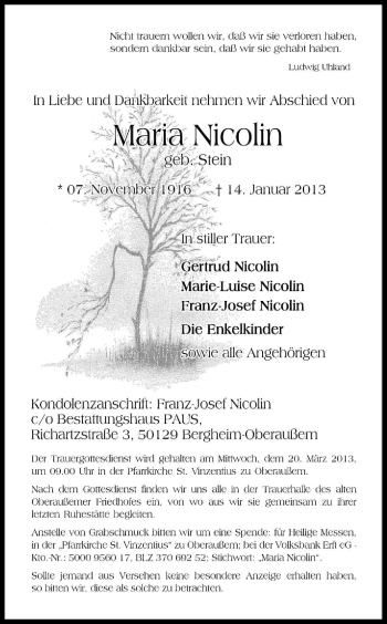 Anzeige von Maria Nicolin von Kölner Stadt-Anzeiger / Kölnische Rundschau / Express