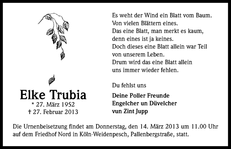  Traueranzeige für Elke Trubia vom 09.03.2013 aus Kölner Stadt-Anzeiger / Kölnische Rundschau / Express