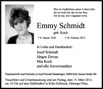 Anzeige von Emmy Schmidt von Kölner Stadt-Anzeiger / Kölnische Rundschau / Express