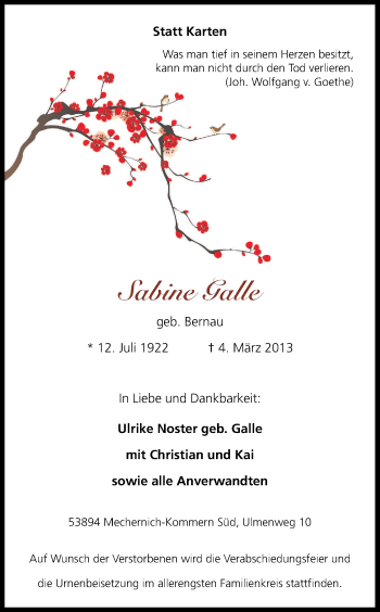 Anzeige von Sabine Galle von Kölner Stadt-Anzeiger / Kölnische Rundschau / Express