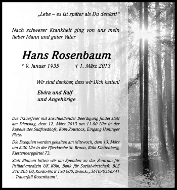 Anzeige von Hans Rosenbaum von Kölner Stadt-Anzeiger / Kölnische Rundschau / Express