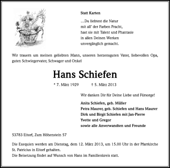 Anzeige von Hans Schiefen von Kölner Stadt-Anzeiger / Kölnische Rundschau / Express