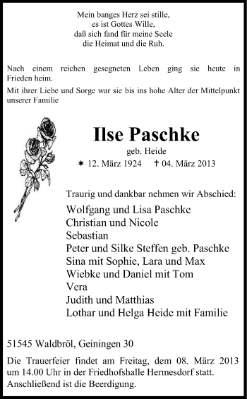 Anzeige von Ilse Paschke von Kölner Stadt-Anzeiger / Kölnische Rundschau / Express