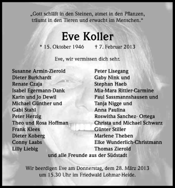 Anzeige von Eve Koller von Kölner Stadt-Anzeiger / Kölnische Rundschau / Express