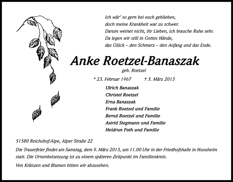  Traueranzeige für Anke Roetzel-Banaszak vom 07.03.2013 aus Kölner Stadt-Anzeiger / Kölnische Rundschau / Express
