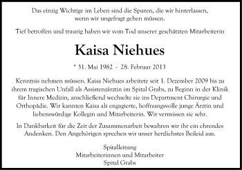 Anzeige von Kaisa Niehues von Kölner Stadt-Anzeiger / Kölnische Rundschau / Express