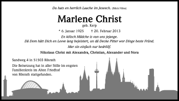 Anzeige von Marlene Christ von Kölner Stadt-Anzeiger / Kölnische Rundschau / Express