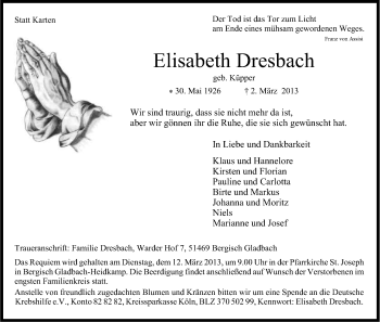 Anzeige von Elisabeth Dresbach von Kölner Stadt-Anzeiger / Kölnische Rundschau / Express