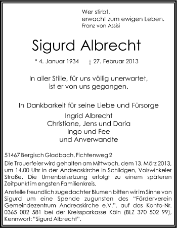 Anzeige von Sigurd Albrecht von Kölner Stadt-Anzeiger / Kölnische Rundschau / Express