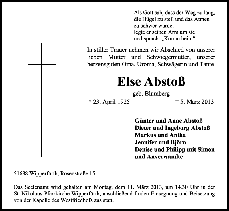 Traueranzeige für Else Abstoß vom 07.03.2013 aus Kölner Stadt-Anzeiger / Kölnische Rundschau / Express