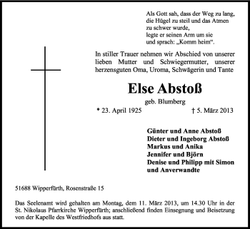 Anzeige von Else Abstoß von Kölner Stadt-Anzeiger / Kölnische Rundschau / Express