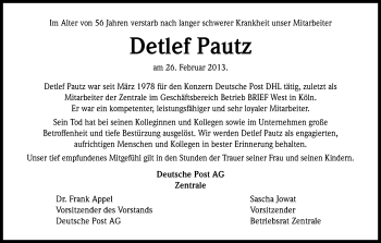 Anzeige von Detlef Pautz von Kölner Stadt-Anzeiger / Kölnische Rundschau / Express