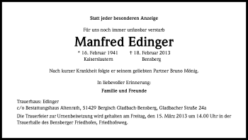 Anzeige von Manfred Edinger von Kölner Stadt-Anzeiger / Kölnische Rundschau / Express