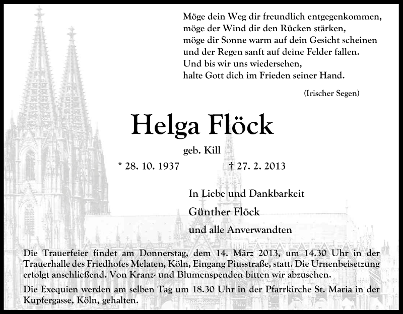  Traueranzeige für Helga Flöck vom 09.03.2013 aus Kölner Stadt-Anzeiger / Kölnische Rundschau / Express