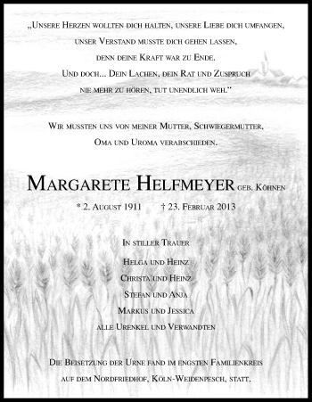 Anzeige von Margarete Helfmeyer von Kölner Stadt-Anzeiger / Kölnische Rundschau / Express