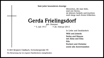 Anzeige von Gerda Frielingsdorf von Kölner Stadt-Anzeiger / Kölnische Rundschau / Express