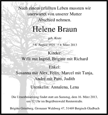 Anzeige von Helene Braun von Kölner Stadt-Anzeiger / Kölnische Rundschau / Express