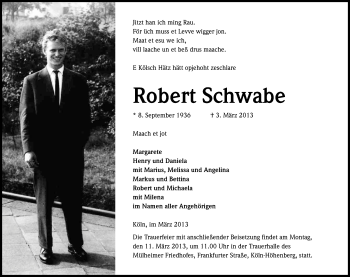 Anzeige von Robert Schwabe von Kölner Stadt-Anzeiger / Kölnische Rundschau / Express