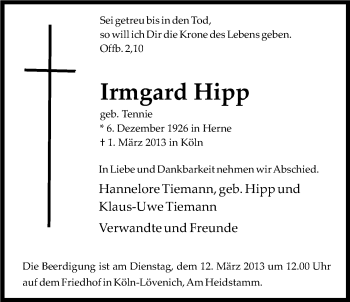 Anzeige von Irmgard Hipp von Kölner Stadt-Anzeiger / Kölnische Rundschau / Express