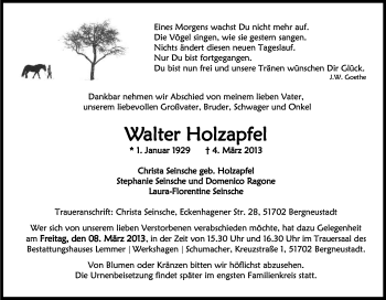 Anzeige von Walter Holzapfel von Kölner Stadt-Anzeiger / Kölnische Rundschau / Express