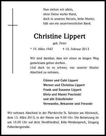 Anzeige von Christine Lippert von Kölner Stadt-Anzeiger / Kölnische Rundschau / Express