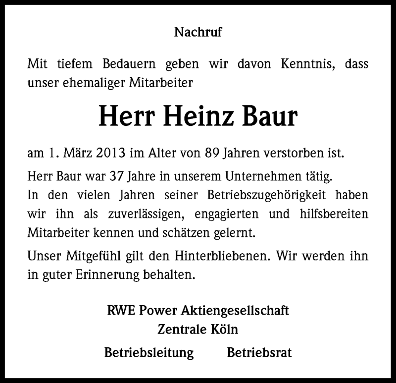  Traueranzeige für Heinz Baur vom 07.03.2013 aus Kölner Stadt-Anzeiger / Kölnische Rundschau / Express