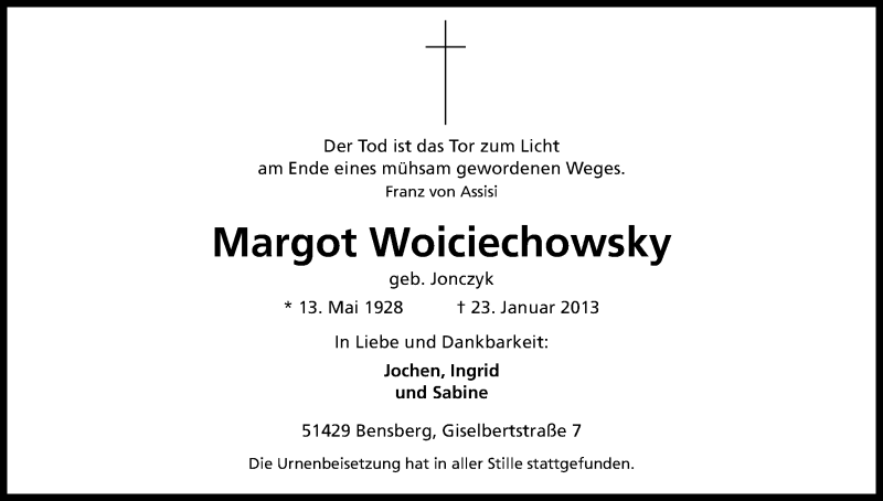  Traueranzeige für Margot Woiciechowsky vom 09.03.2013 aus Kölner Stadt-Anzeiger / Kölnische Rundschau / Express