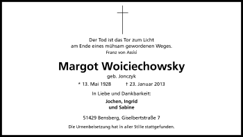 Anzeige von Margot Woiciechowsky von Kölner Stadt-Anzeiger / Kölnische Rundschau / Express