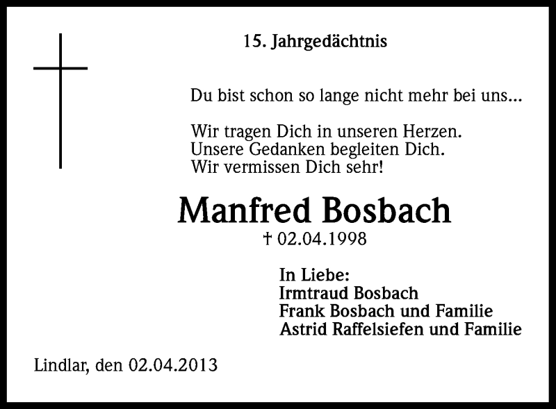  Traueranzeige für Manfred Bosbach vom 02.04.2013 aus Kölner Stadt-Anzeiger / Kölnische Rundschau / Express