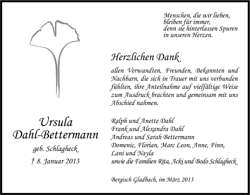  Traueranzeige für Ursula Dahl-Bettermann vom 09.03.2013 aus Kölner Stadt-Anzeiger / Kölnische Rundschau / Express