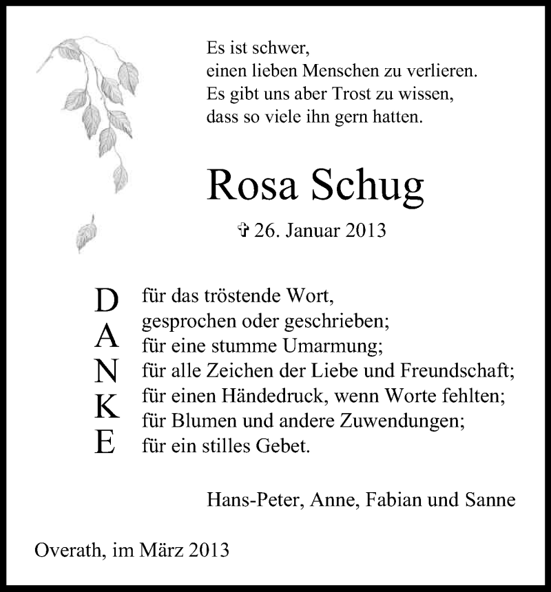  Traueranzeige für Rosa Schug vom 09.03.2013 aus Kölner Stadt-Anzeiger / Kölnische Rundschau / Express