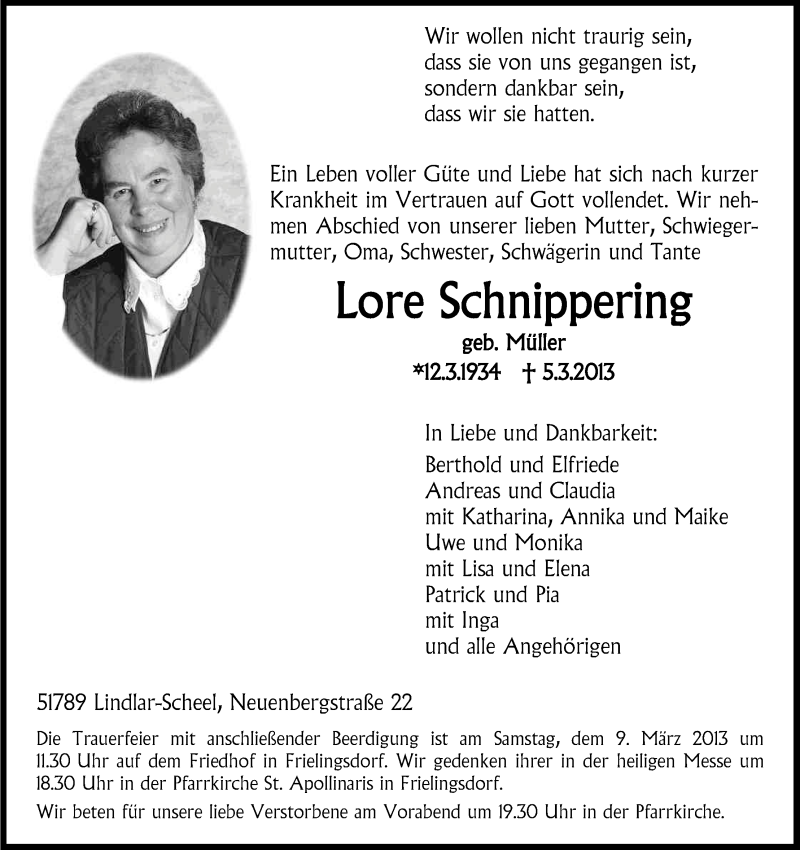  Traueranzeige für Lore Schnippering vom 07.03.2013 aus Kölner Stadt-Anzeiger / Kölnische Rundschau / Express