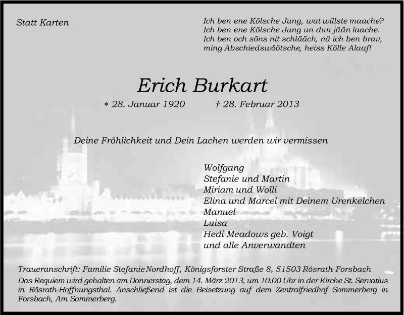  Traueranzeige für Erich Burkart vom 09.03.2013 aus Kölner Stadt-Anzeiger / Kölnische Rundschau / Express