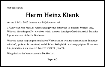 Anzeige von Heinz Klenk von Kölner Stadt-Anzeiger / Kölnische Rundschau / Express