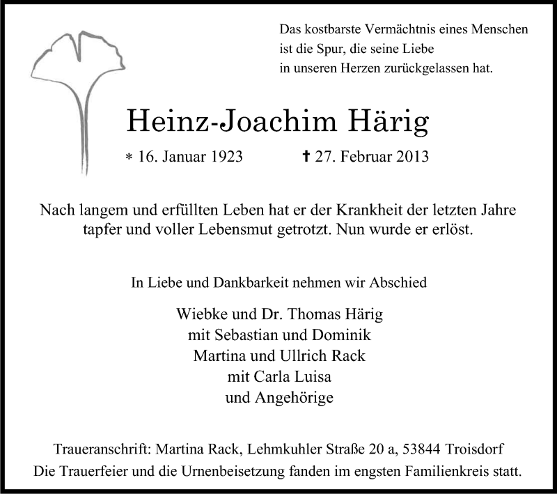  Traueranzeige für Heinz-Joachim Härig vom 09.03.2013 aus Kölner Stadt-Anzeiger / Kölnische Rundschau / Express