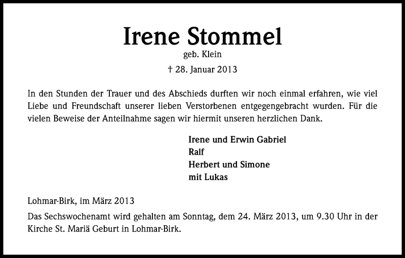  Traueranzeige für Irene Stommel vom 16.03.2013 aus Kölner Stadt-Anzeiger / Kölnische Rundschau / Express