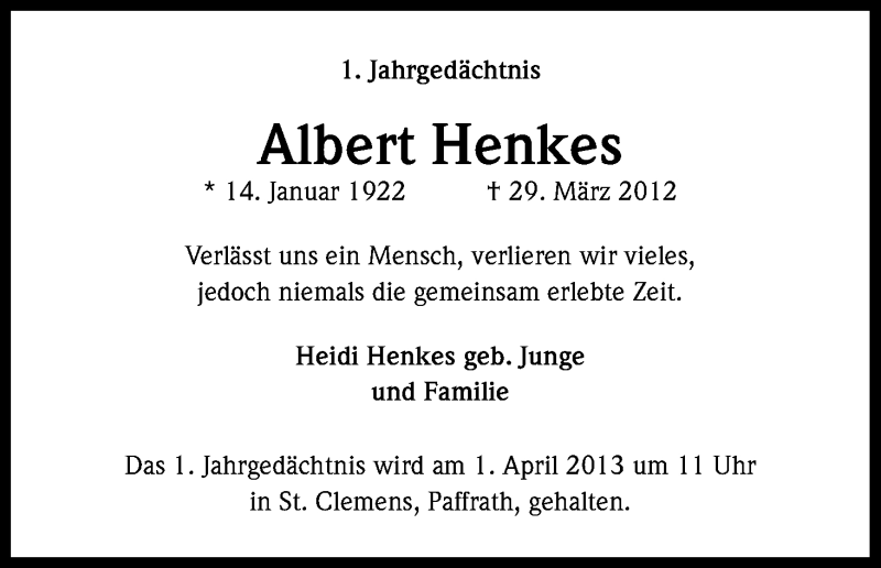  Traueranzeige für Albert Henkes vom 30.03.2013 aus Kölner Stadt-Anzeiger / Kölnische Rundschau / Express