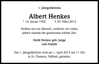 Anzeige von Albert Henkes von Kölner Stadt-Anzeiger / Kölnische Rundschau / Express