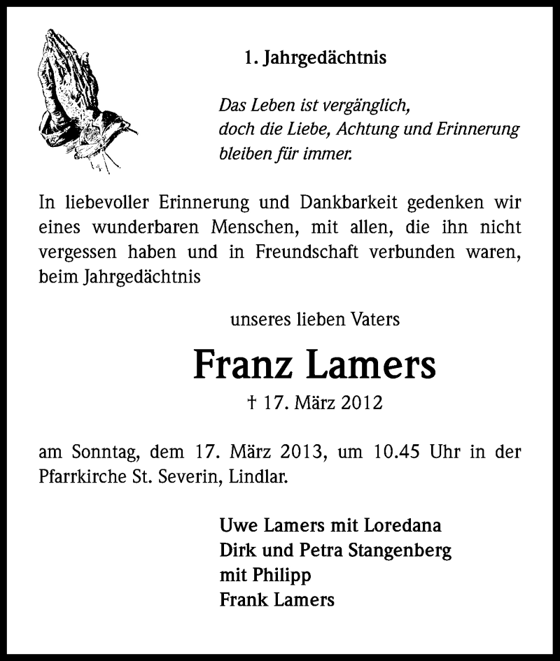  Traueranzeige für Franz Lamers vom 09.03.2013 aus Kölner Stadt-Anzeiger / Kölnische Rundschau / Express