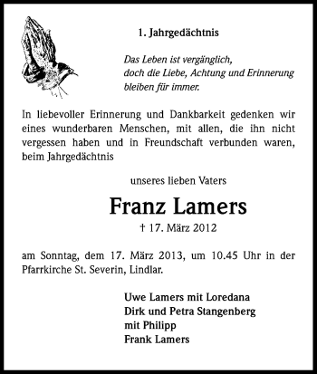 Anzeige von Franz Lamers von Kölner Stadt-Anzeiger / Kölnische Rundschau / Express