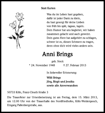 Anzeige von Anni Brings von Kölner Stadt-Anzeiger / Kölnische Rundschau / Express
