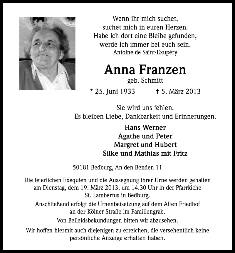  Traueranzeige für Anna Franzen vom 16.03.2013 aus Kölner Stadt-Anzeiger / Kölnische Rundschau / Express