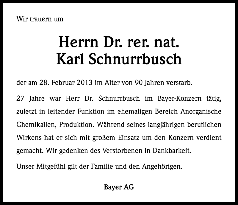  Traueranzeige für Karl Schnurrbusch vom 08.03.2013 aus Kölner Stadt-Anzeiger / Kölnische Rundschau / Express