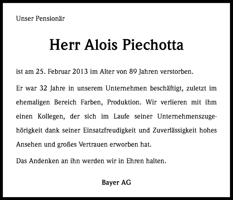  Traueranzeige für Alois Piechotta vom 08.03.2013 aus Kölner Stadt-Anzeiger / Kölnische Rundschau / Express