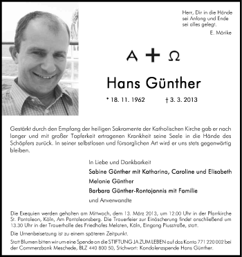 Anzeige von Hans Günther von Kölner Stadt-Anzeiger / Kölnische Rundschau / Express
